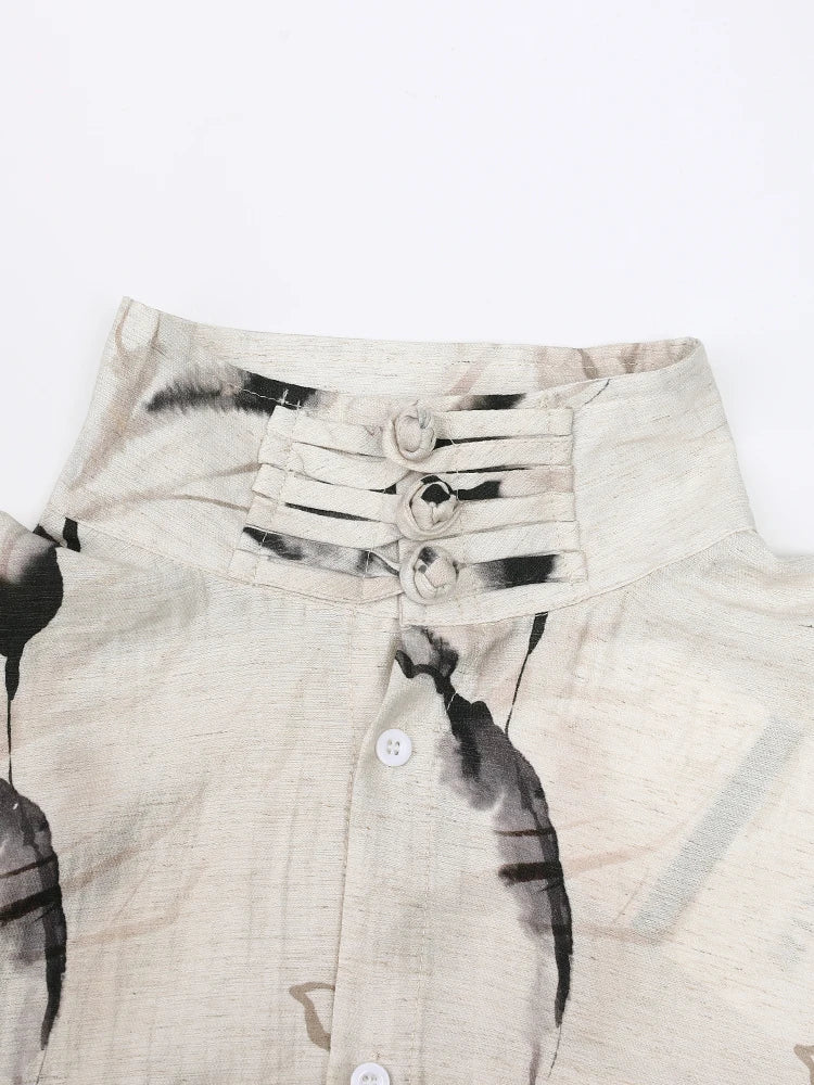 Jazz Up Khaki Shirt-Blouse with Vintage Print-SimpleModerne