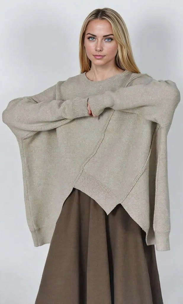 Minimalist Asymmetric Hem Pullover with Long Sleeves – Casual Cozy Fit-SimpleModerne