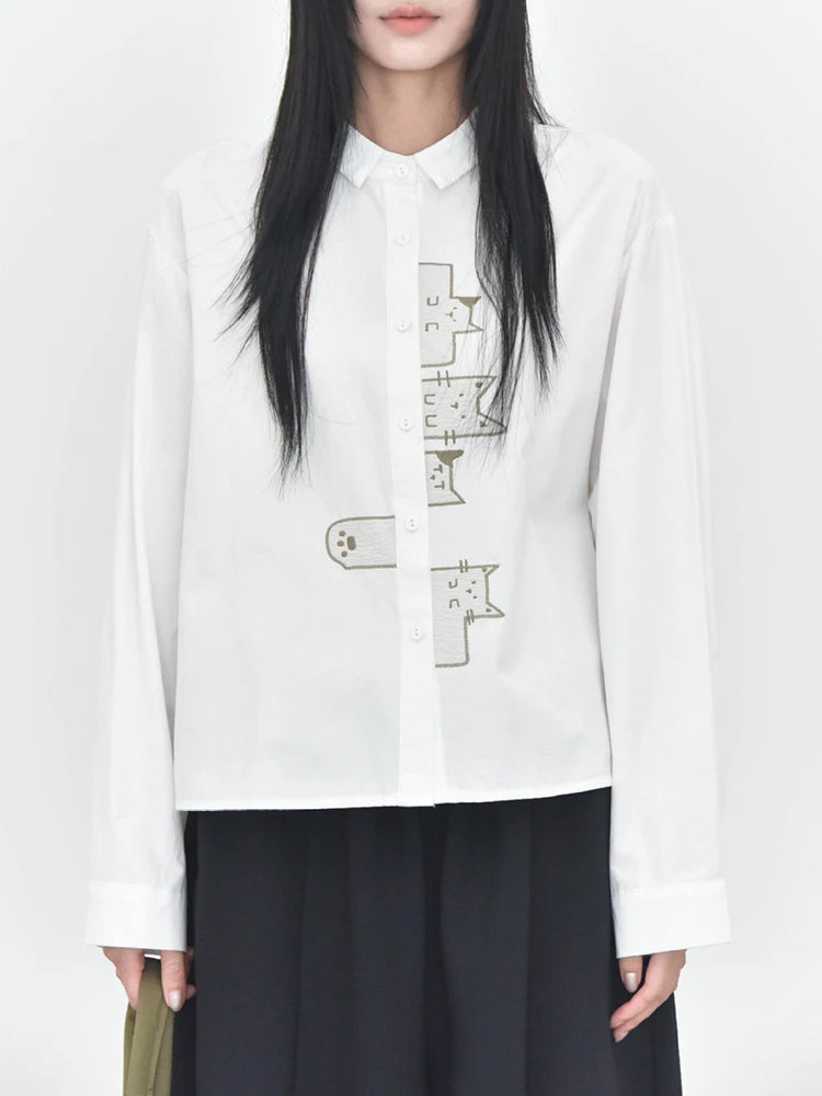 Playful Cat Print Shirt Blouse