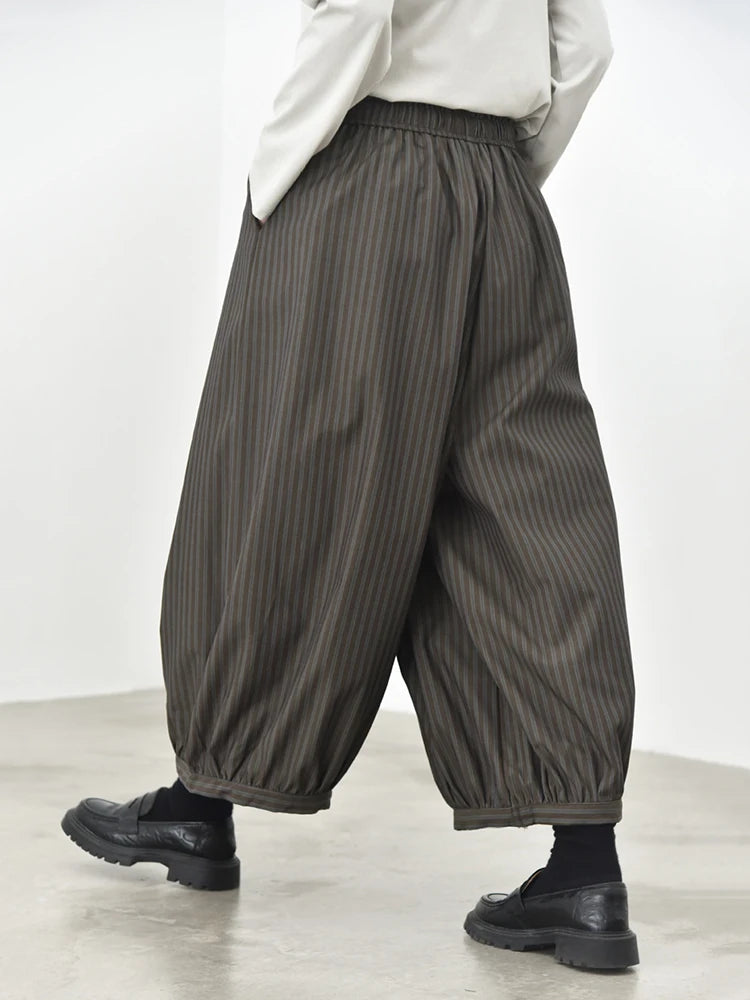 Olive Pinstripe Balloon Trousers | Relaxed Wide Leg