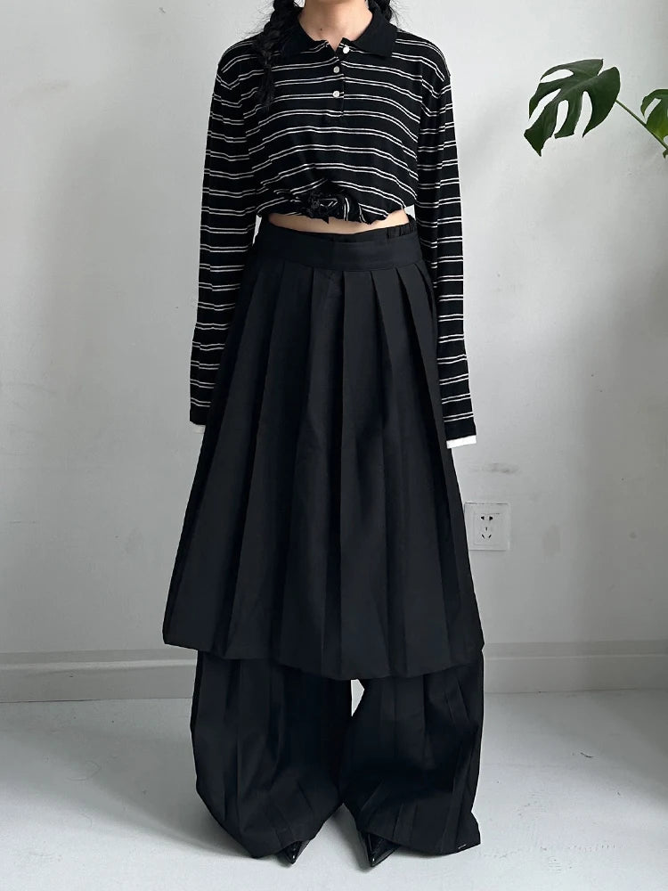 Pleated Overlay Wide-Leg Trousers-SimpleModerne