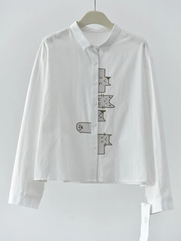 Playful Cat Print Shirt Blouse