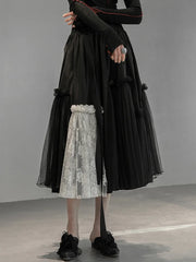 Gothic High-Waisted Tulle & Lace Skirt with Belted Waist – Casual Minimal Goth Collection-SimpleModerne