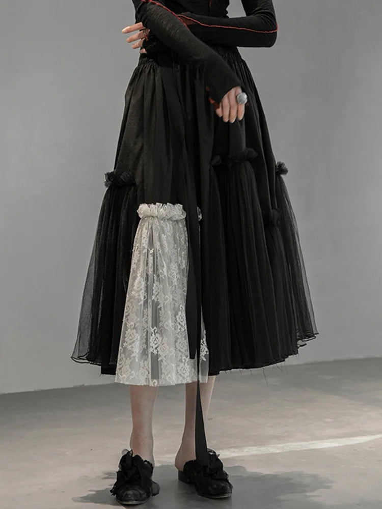 Gothic High-Waisted Tulle & Lace Skirt with Belted Waist – Casual Minimal Goth Collection-SimpleModerne
