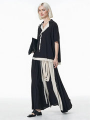 Black & Cream Contrast Button-Up Blouse – Patchwork Trim with Raw Edges-SimpleModerne