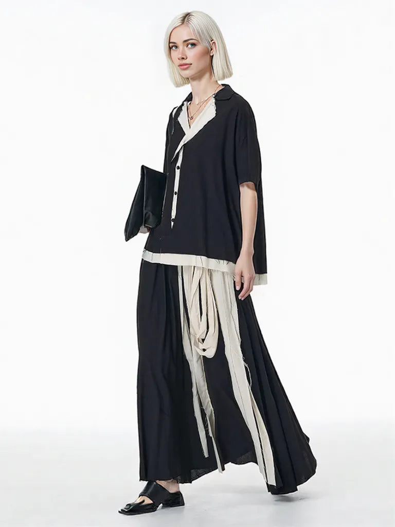 Black & Cream Contrast Button-Up Blouse – Patchwork Trim with Raw Edges-SimpleModerne