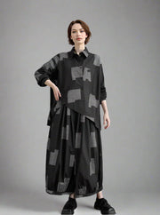 Urban Patchwork Two-Piece Set – Asymmetric Shirt & Wide Capri Pants-SimpleModerne
