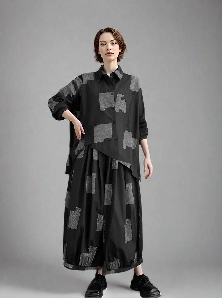 Urban Patchwork Two-Piece Set – Asymmetric Shirt & Wide Capri Pants-SimpleModerne