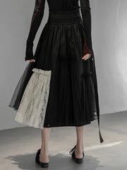 Gothic High-Waisted Tulle & Lace Skirt with Belted Waist – Casual Minimal Goth Collection-SimpleModerne