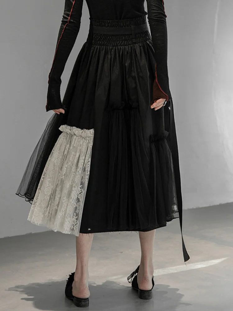 Gothic High-Waisted Tulle & Lace Skirt with Belted Waist – Casual Minimal Goth Collection-SimpleModerne