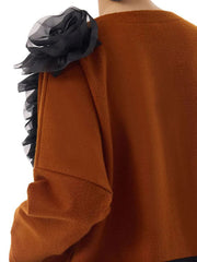 Two-Tone Midi Dress with Ruffled Chiffon Detail – Rust & Black-SimpleModerne