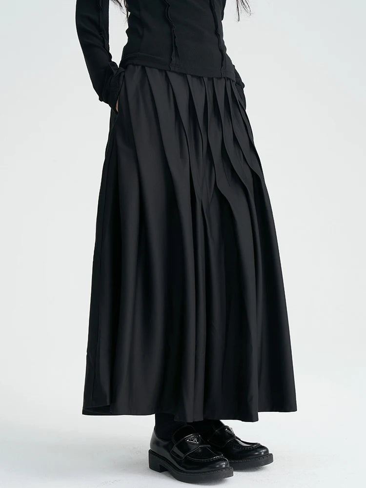 Asymmetrical Pleated Maxi Skirt – Flowing Silhouette, High-Waist, Gothic Elegance-SimpleModerne