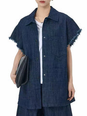 Oversized Frayed Sleeve Denim Shirt – Edgy Vintage Layer-SimpleModerne
