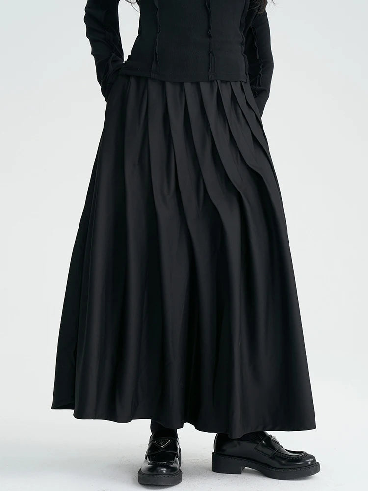 Asymmetrical Pleated Maxi Skirt – Flowing Silhouette, High-Waist, Gothic Elegance-SimpleModerne