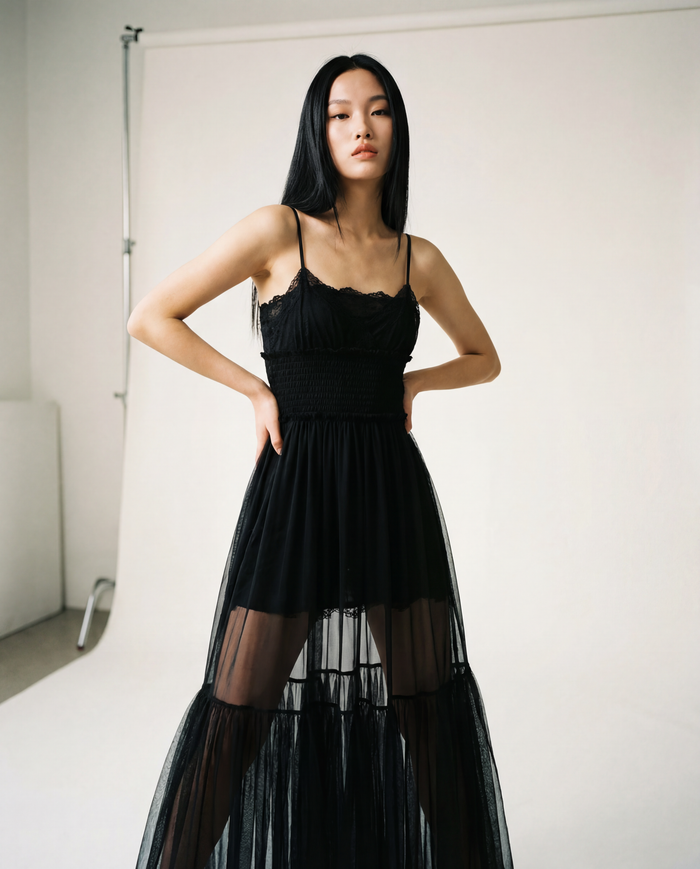 Sheer Overlay Dress with Spaghetti Straps-SimpleModerne