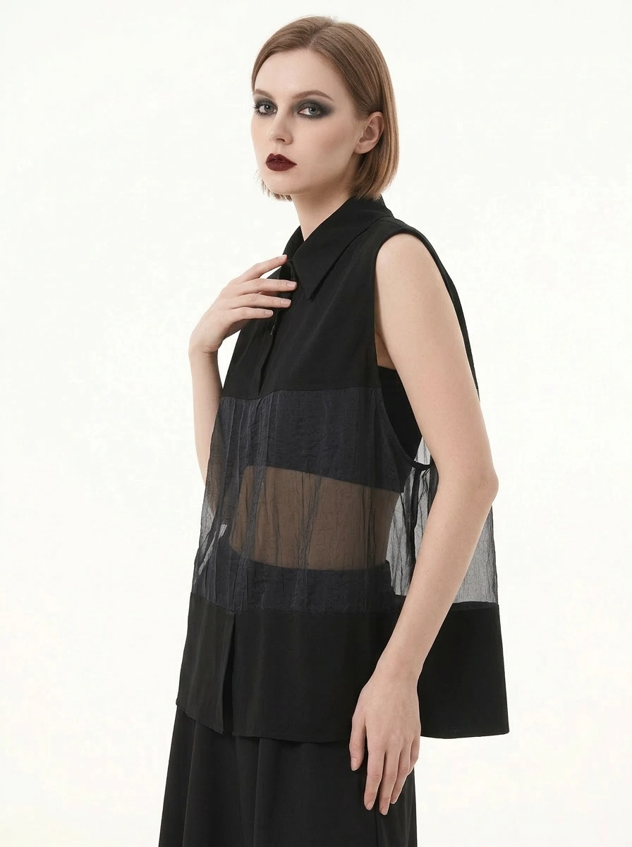 Sheer Panel Sleeveless Shirt-SimpleModerne