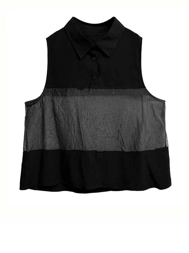 Sheer Panel Sleeveless Shirt-SimpleModerne
