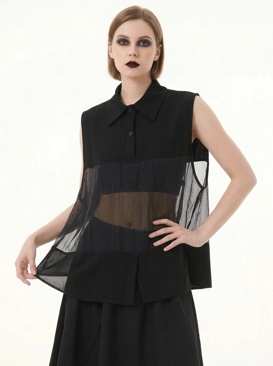 Sheer Panel Sleeveless Shirt-SimpleModerne