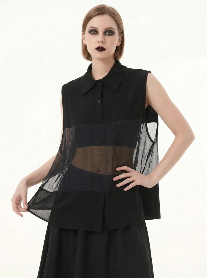 Sheer Panel Sleeveless Shirt-SimpleModerne