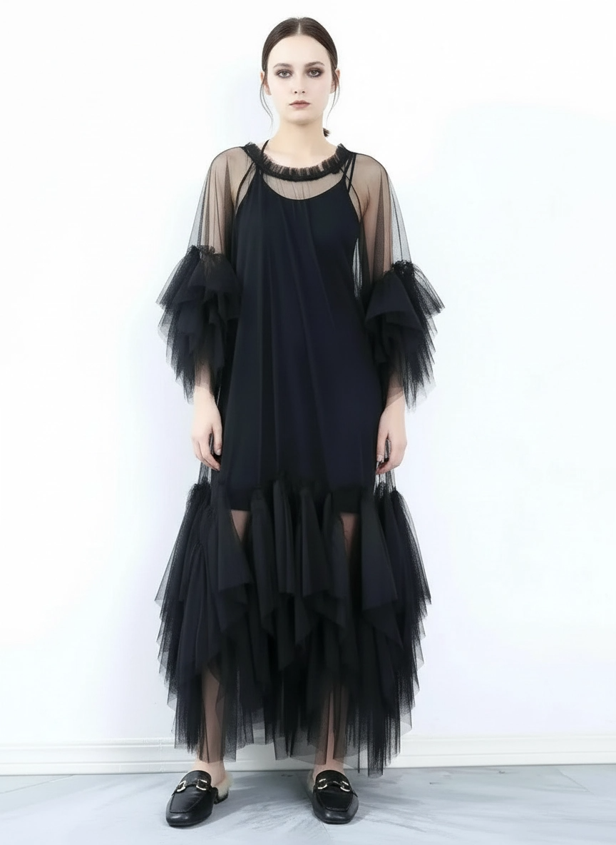 Sheer Tiered Tulle Overlay Dress-SimpleModerne