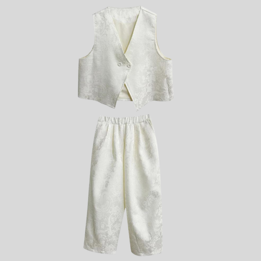 Miss Office Punk Ivory Brocade Trousers and Vest Set-SimpleModerne