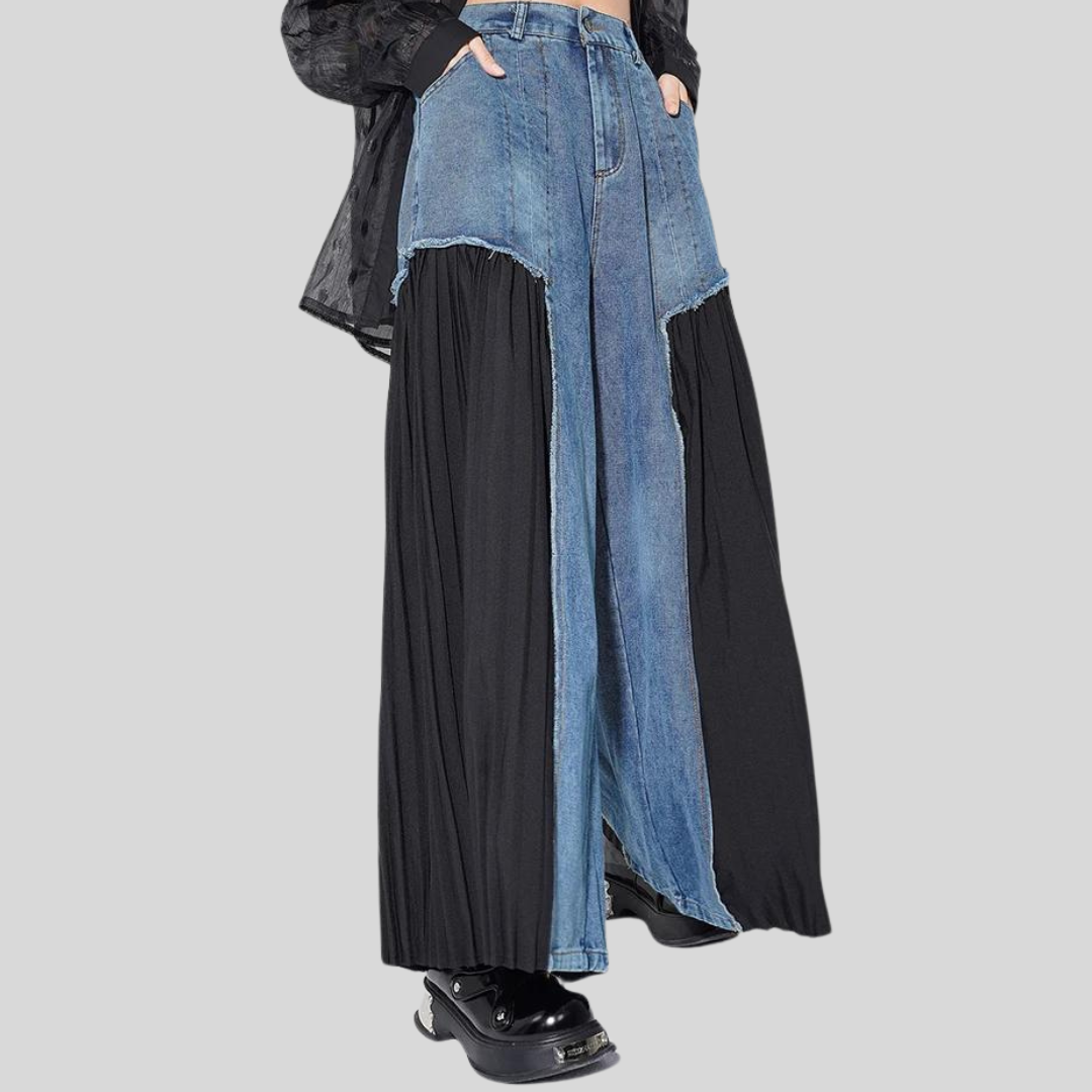 Casual Minimal Goth Blue Denim with Pleated Inserts-SimpleModerne