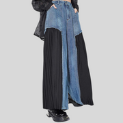 Casual Minimal Goth Blue Denim with Pleated Inserts-SimpleModerne