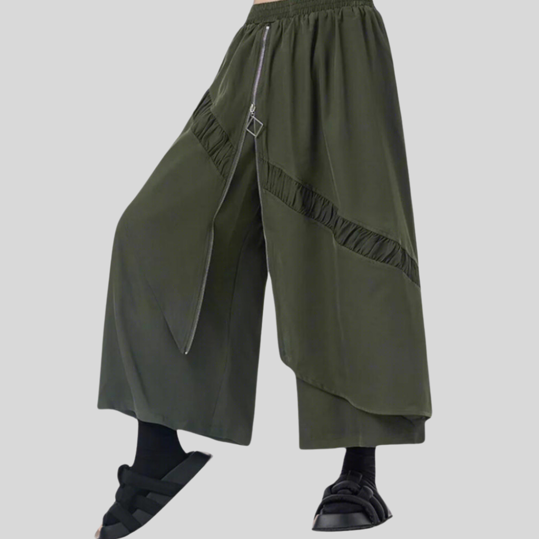 Simple Moderne Street Punk Irregular Design Overlay Olive Green Trousers-SimpleModerne