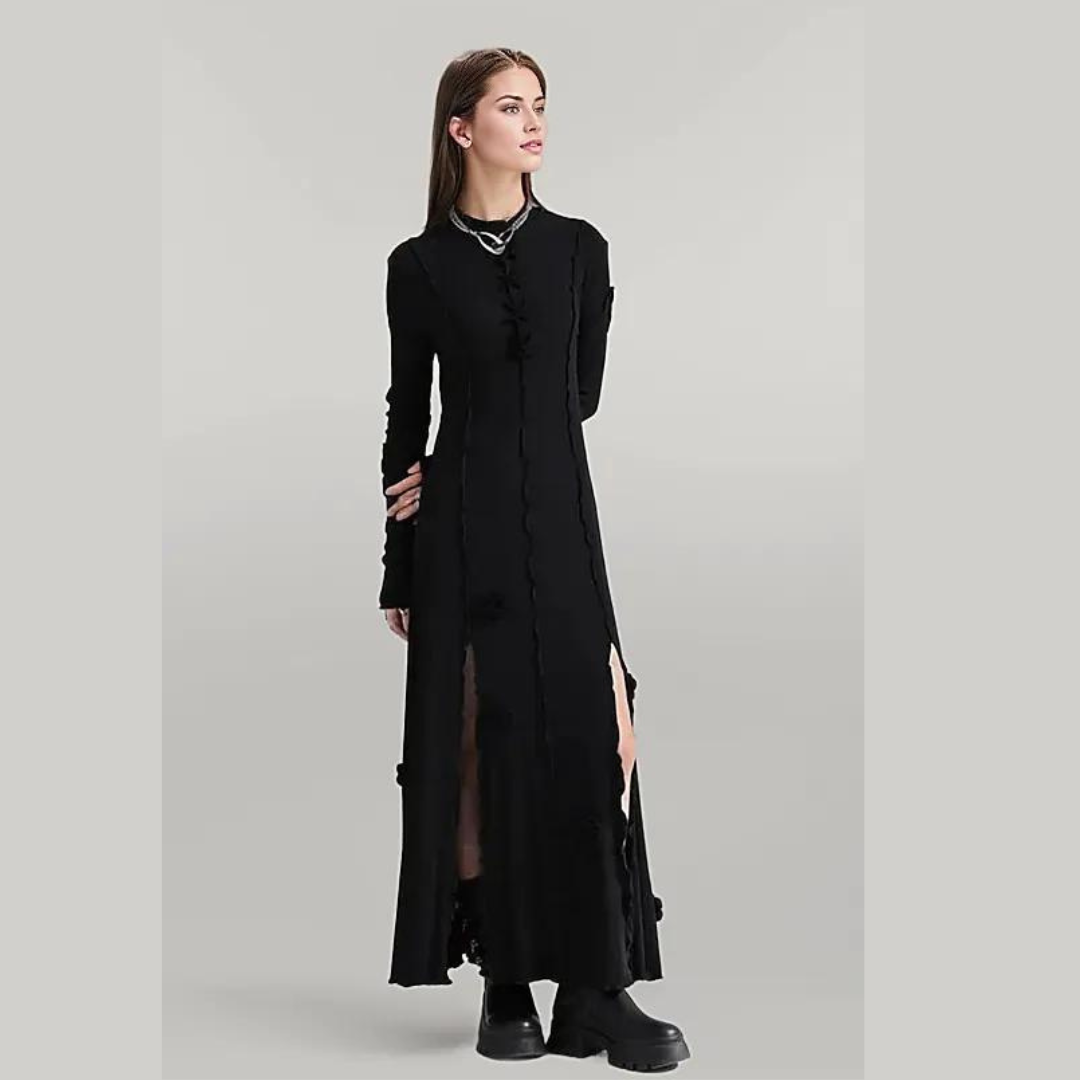 Casual Minimal Goth Maxi Dress with Splits-SimpleModerne
