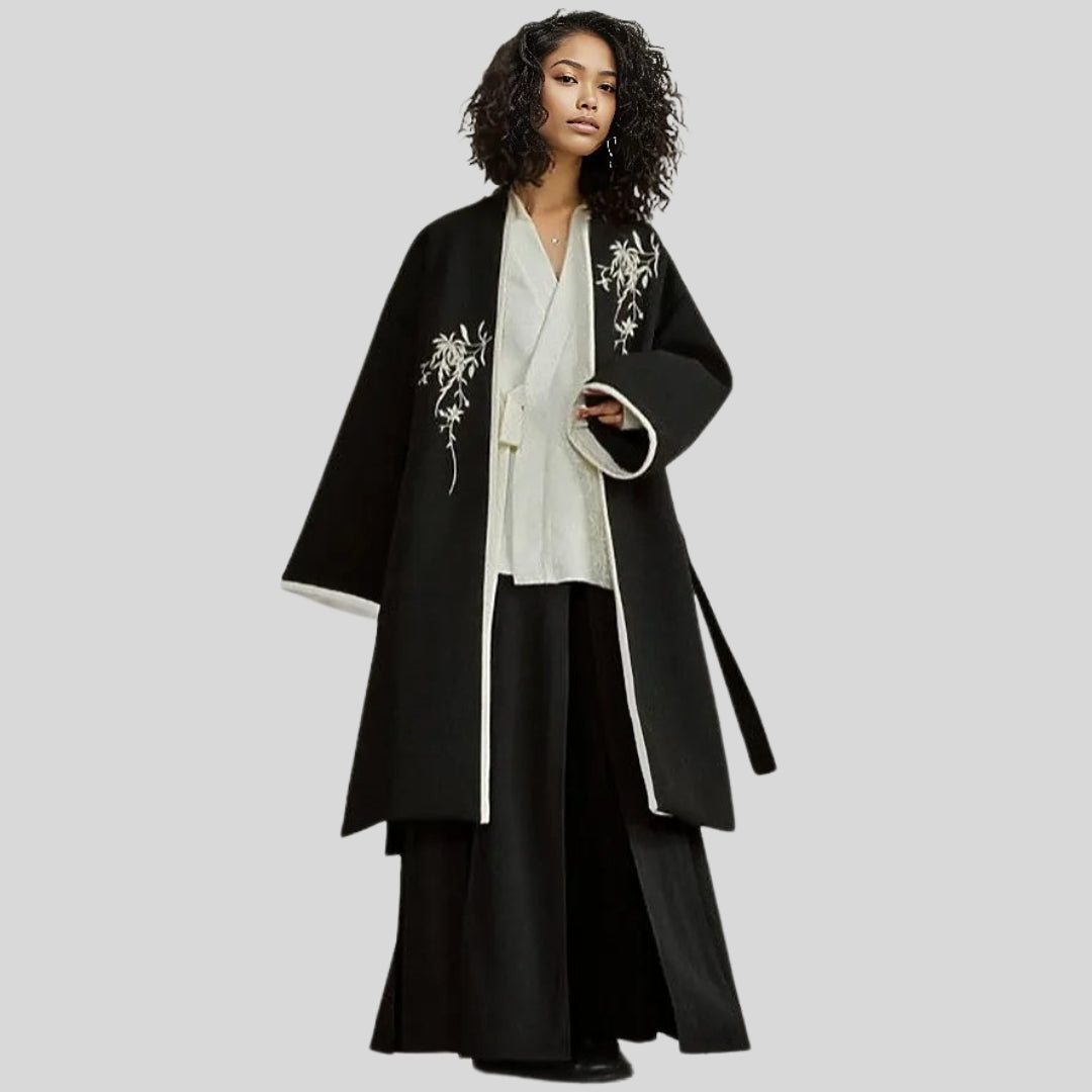 Casual Minimal Goth Kimono Style Coat with Japanese Embroidery-SimpleModerne