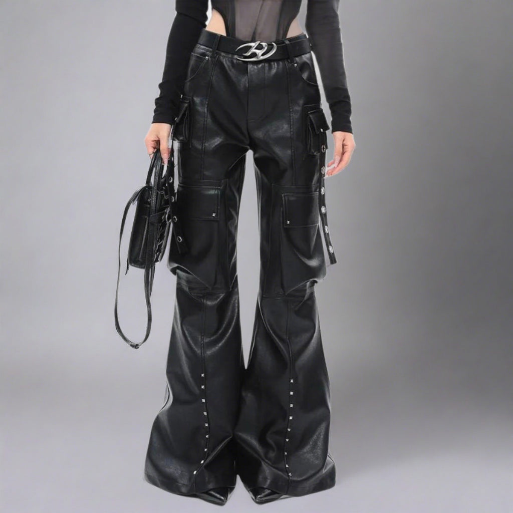Casual Minimal Goth Eco Leather Trousers with Rivets