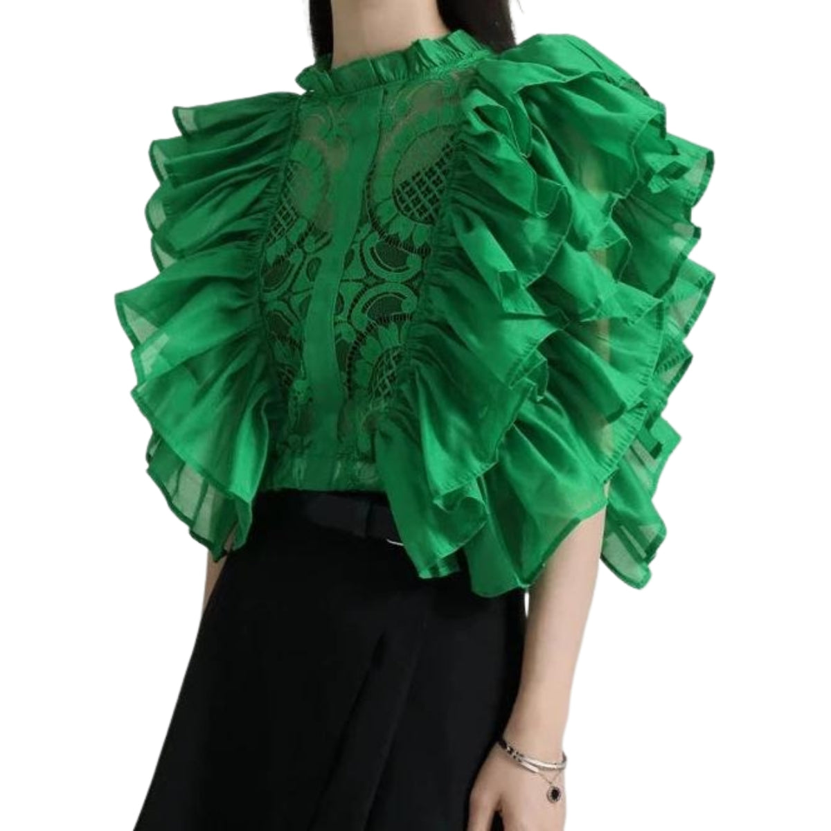 Casual Minimal Goth Ruffled Green Shirt-SimpleModerne