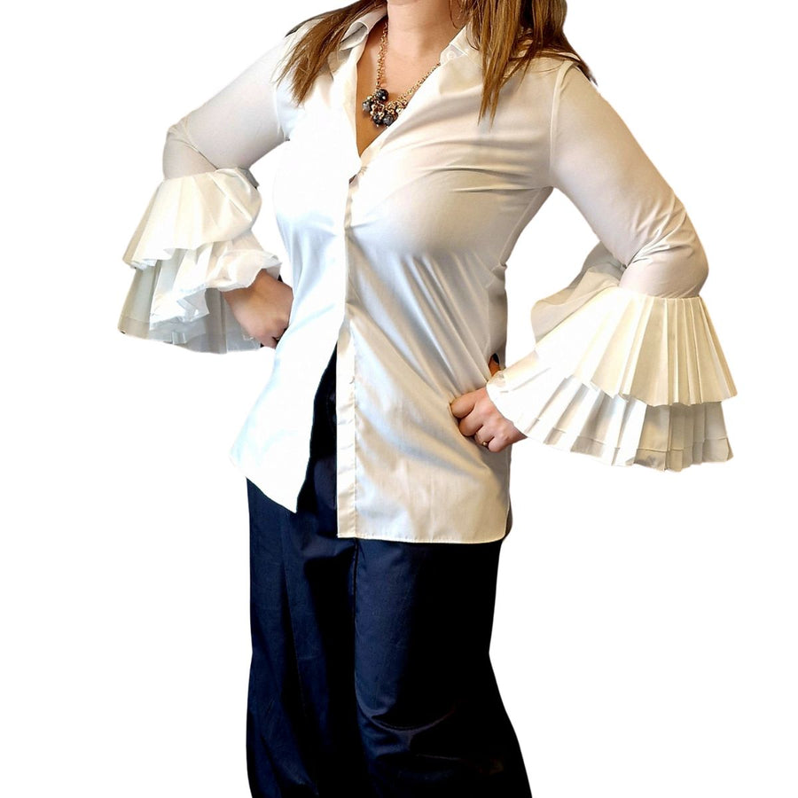 Jazz Up Irregular Design Pleated Sleeve White Shirt-SimpleModerne