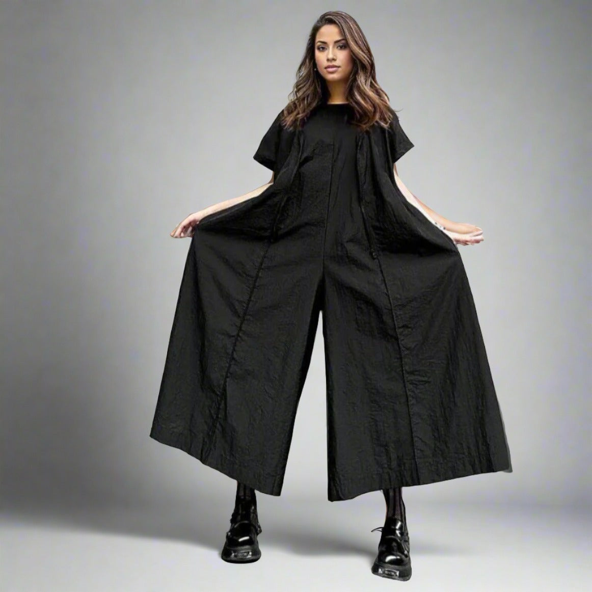 Wide-Leg Black Jumpsuit with Zipper Detail-SimpleModerne