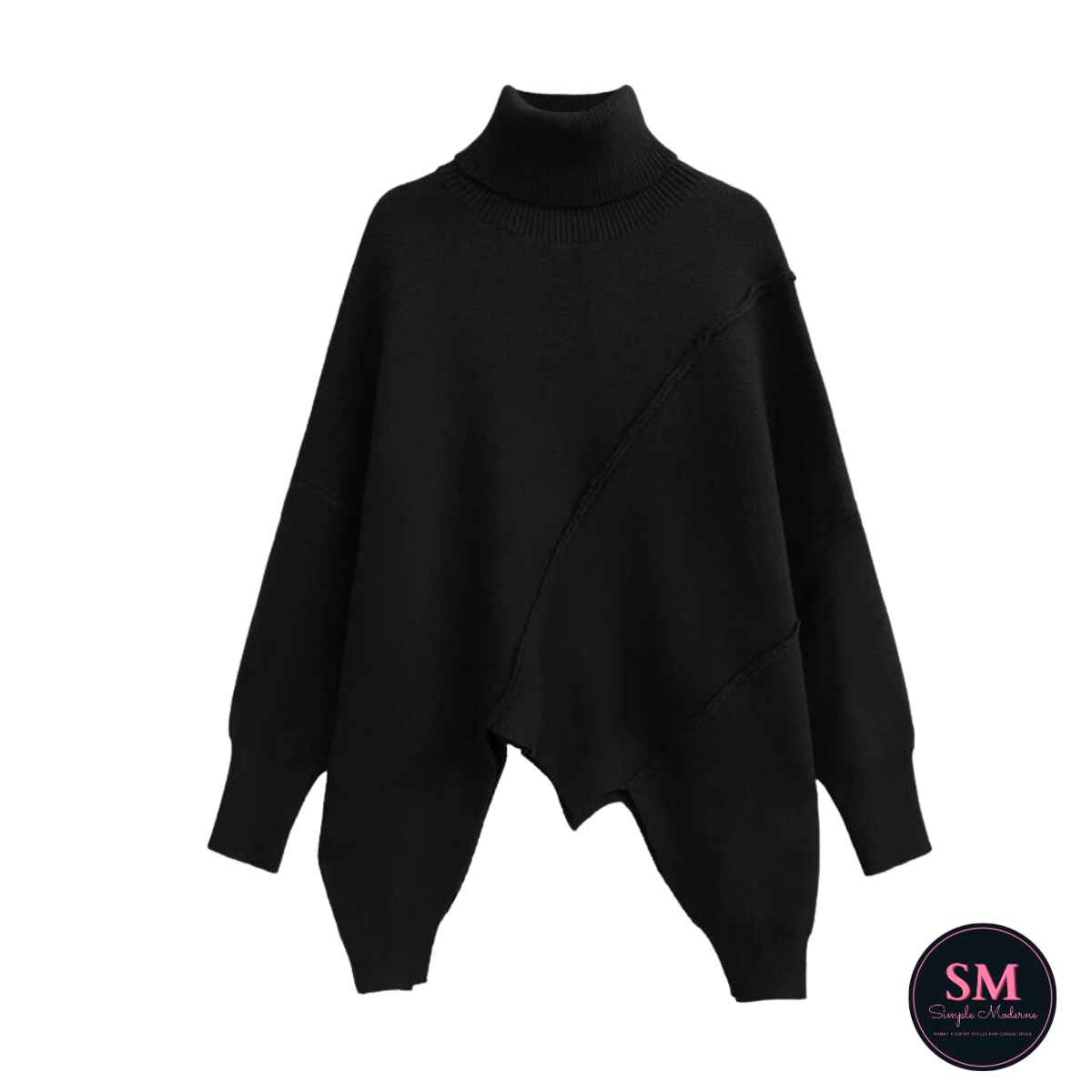 Simple Moderne Asymmetrical Cut Knitted Black Pullover-SimpleModerne