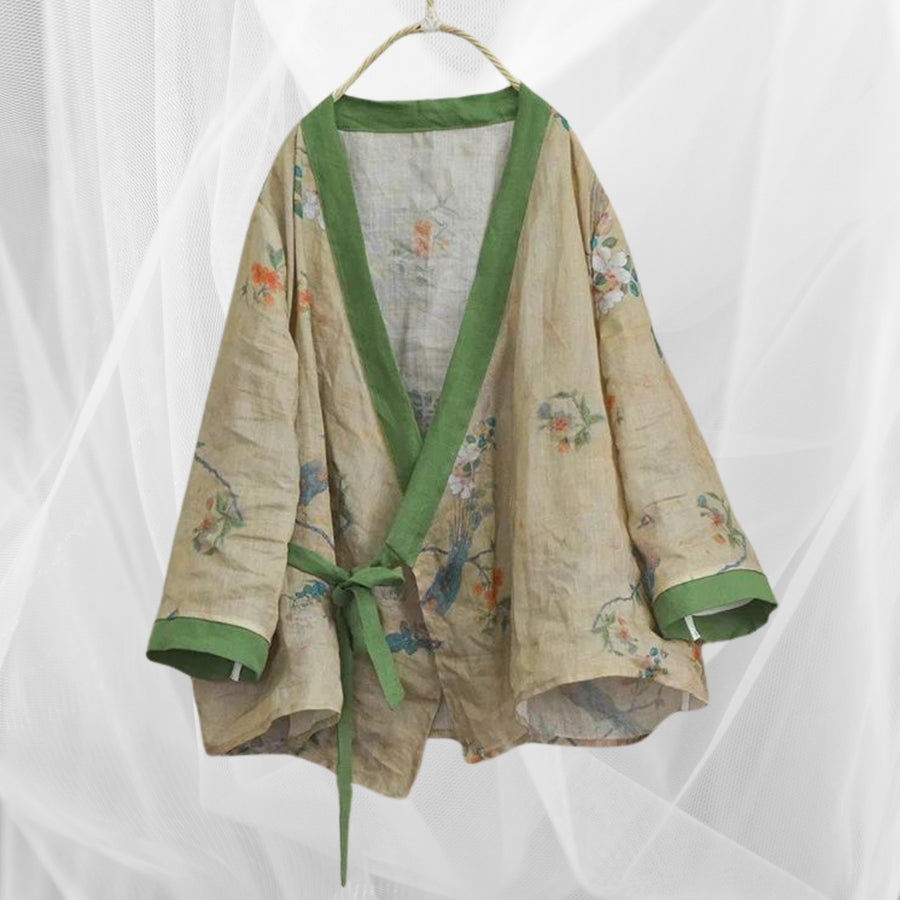 Cotton & Linen Kimono with Vintage Print-SimpleModerne