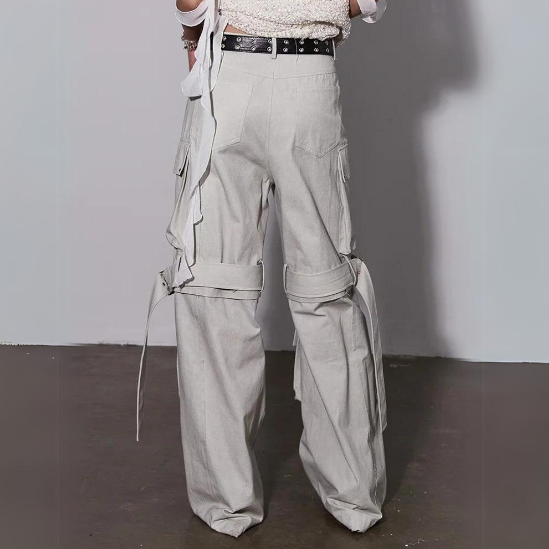 High Waist Long Cargo Pants in Beige - Two Ways Wear with Pockets and Buckle-SimpleModerne