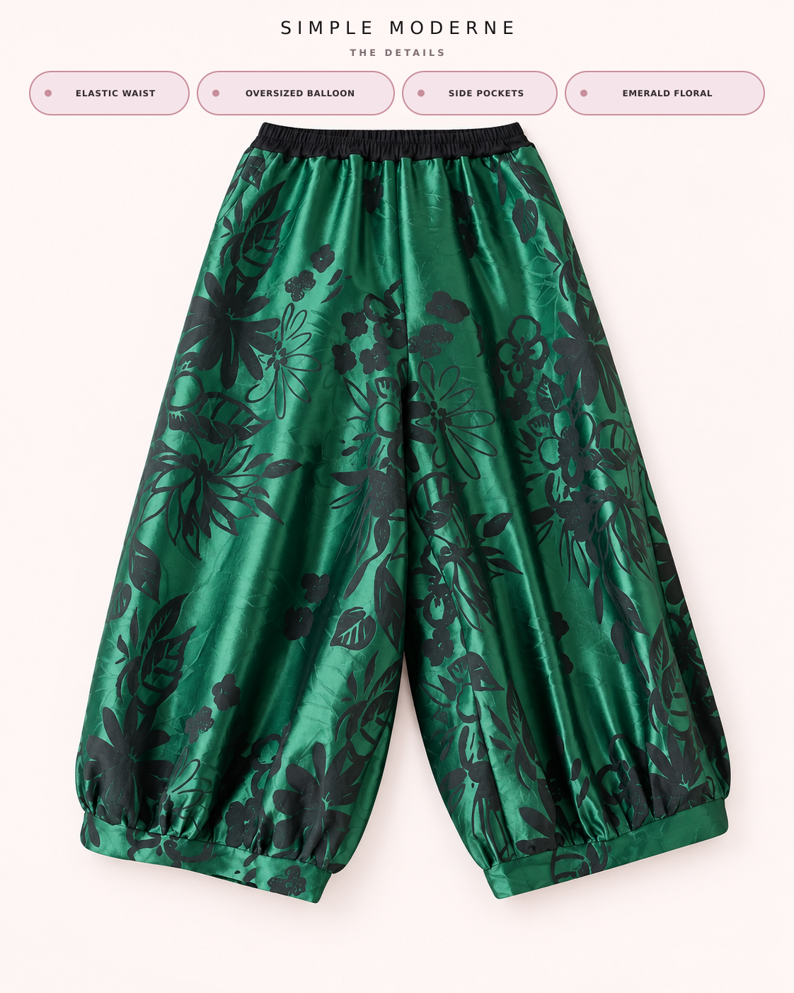 Re-launch Elegant Floral Lantern Pants in Green with Pocket Detail – Relaxed Fit for Modern Style-SimpleModerne