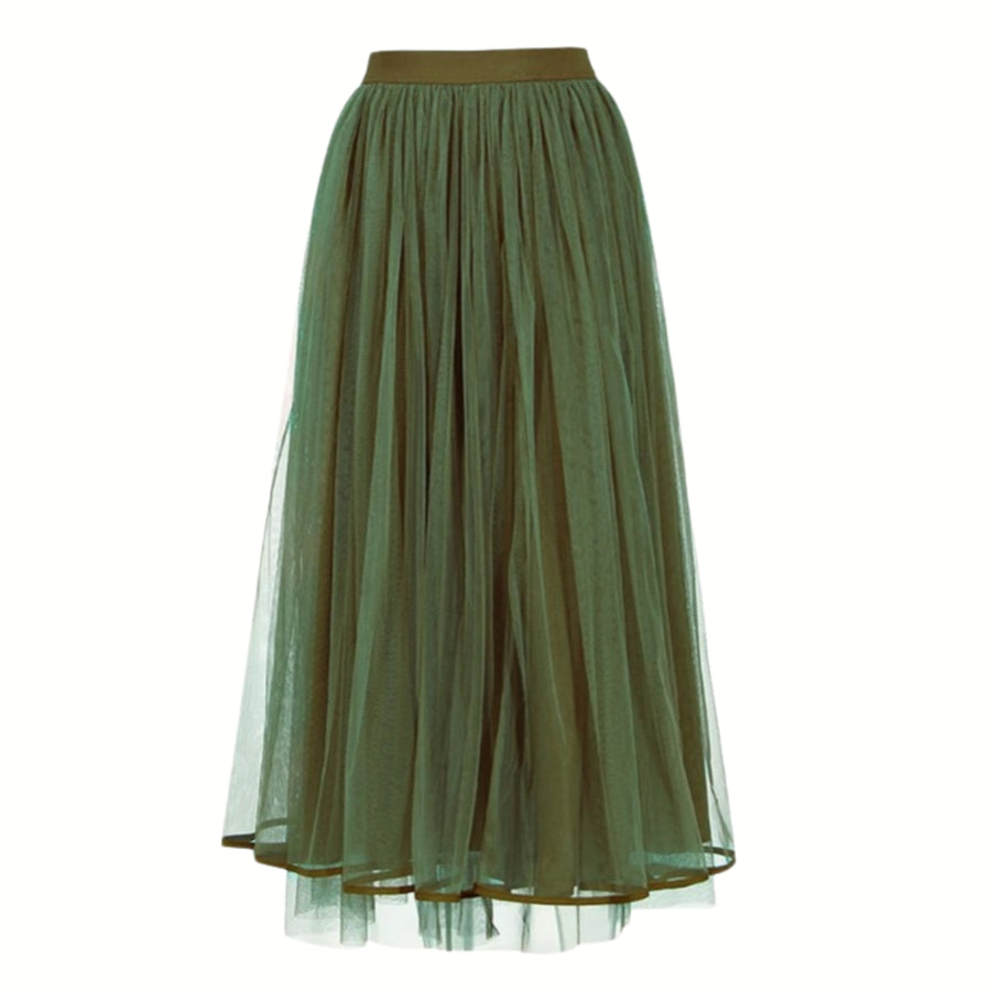 Elegant Olive Green Tulle Skirt with Elasticated Waist – Mid-Calf Length-SimpleModerne