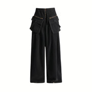 Maxi Pocket Dark Grey Wide-Leg Jeans with Vintage Zipper-SimpleModerne