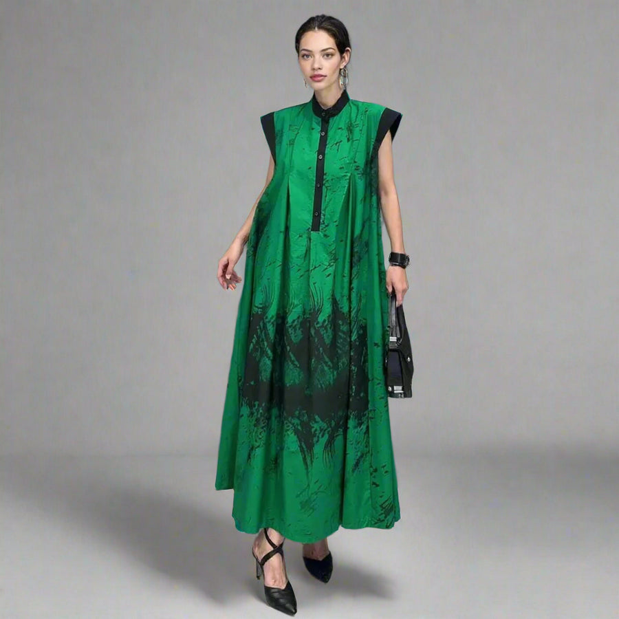 Green Tie-Dye Sleeveless Maxi Dress-SimpleModerne