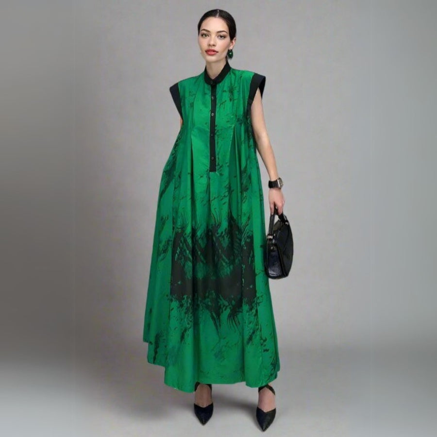 Green Tie-Dye Sleeveless Maxi Dress-SimpleModerne