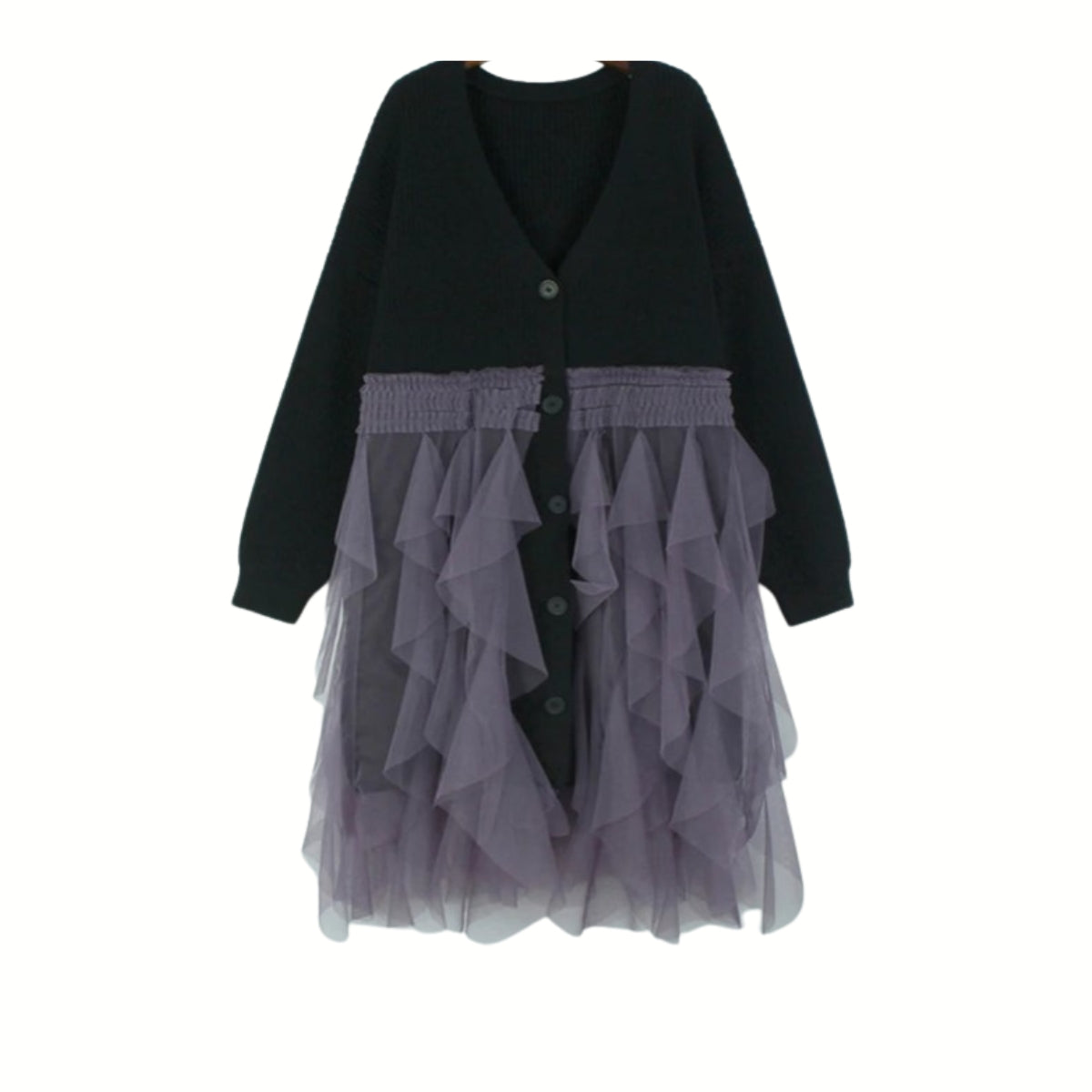 Oversized Black Cardigan with Purple Lace Overlay – Gothic Tulle Design-SimpleModerne