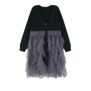 Oversized Black Cardigan with Purple Lace Overlay – Gothic Tulle Design-SimpleModerne