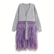 Chunky Oversized Gray Cardigan with Chic Purple Tulle Overlay – Gothic-Inspired Design-SimpleModerne