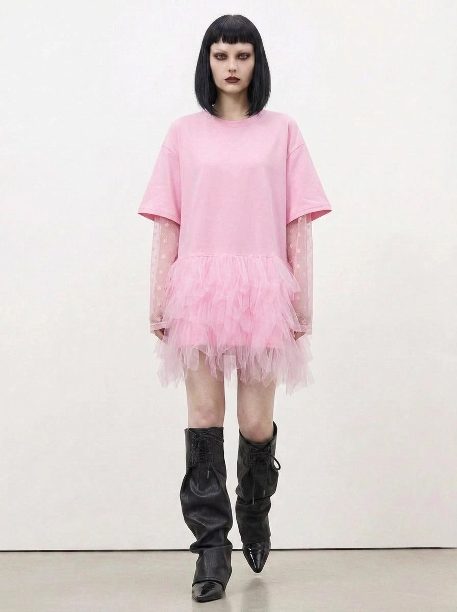 Pink oversized T-shirt dress with layered tulle trim – alternative pastel goth fashion