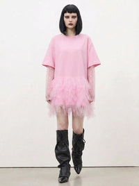 Pink oversized T-shirt dress with layered tulle trim – alternative pastel goth fashion