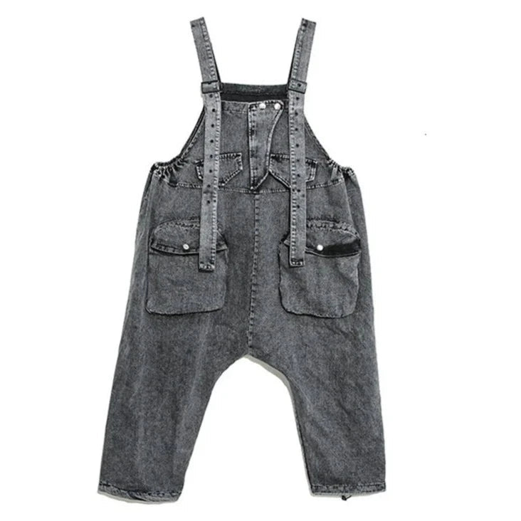 Street Punk Style Oversized Fit Vintage Denim Overalls-SimpleModerne