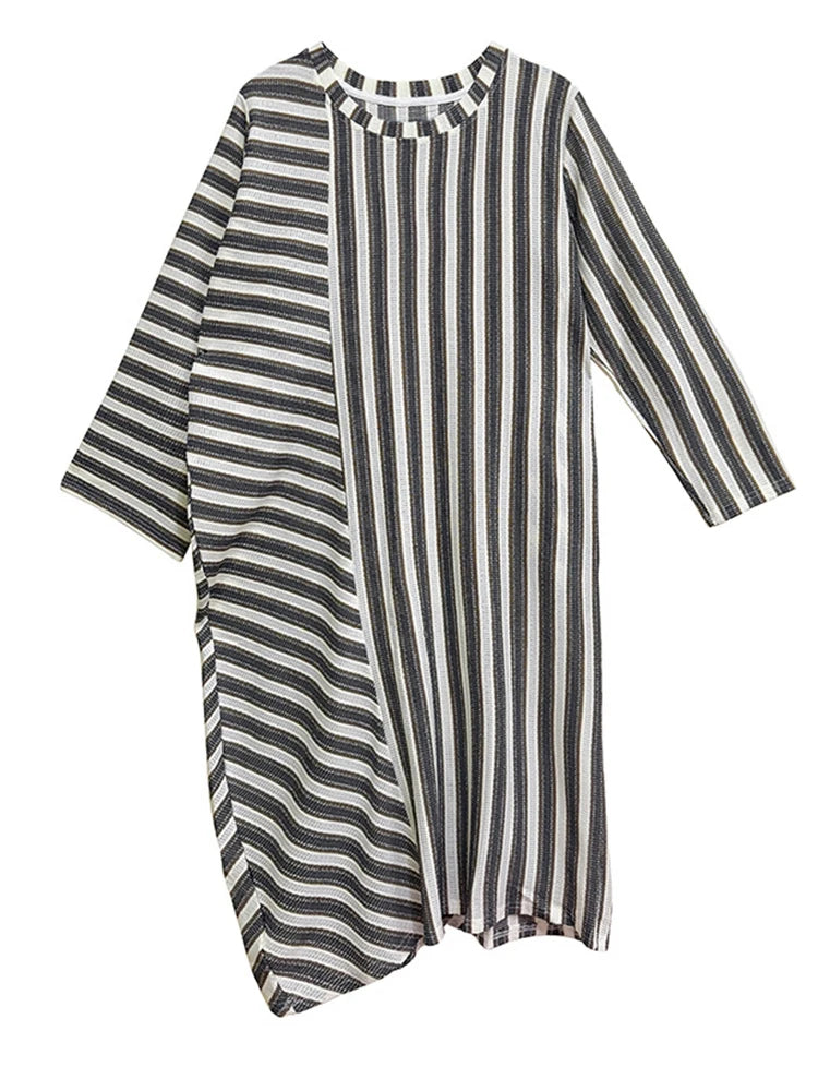 Striped Loose Pullover Midi-Maxi Dress – Coffee Brown Cotton Blend | Everyday Relaxed Fit-SimpleModerne