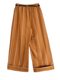 Striped Wide-Leg Belted Trousers – High Waist Relaxed Fit in Rust Brown-SimpleModerne